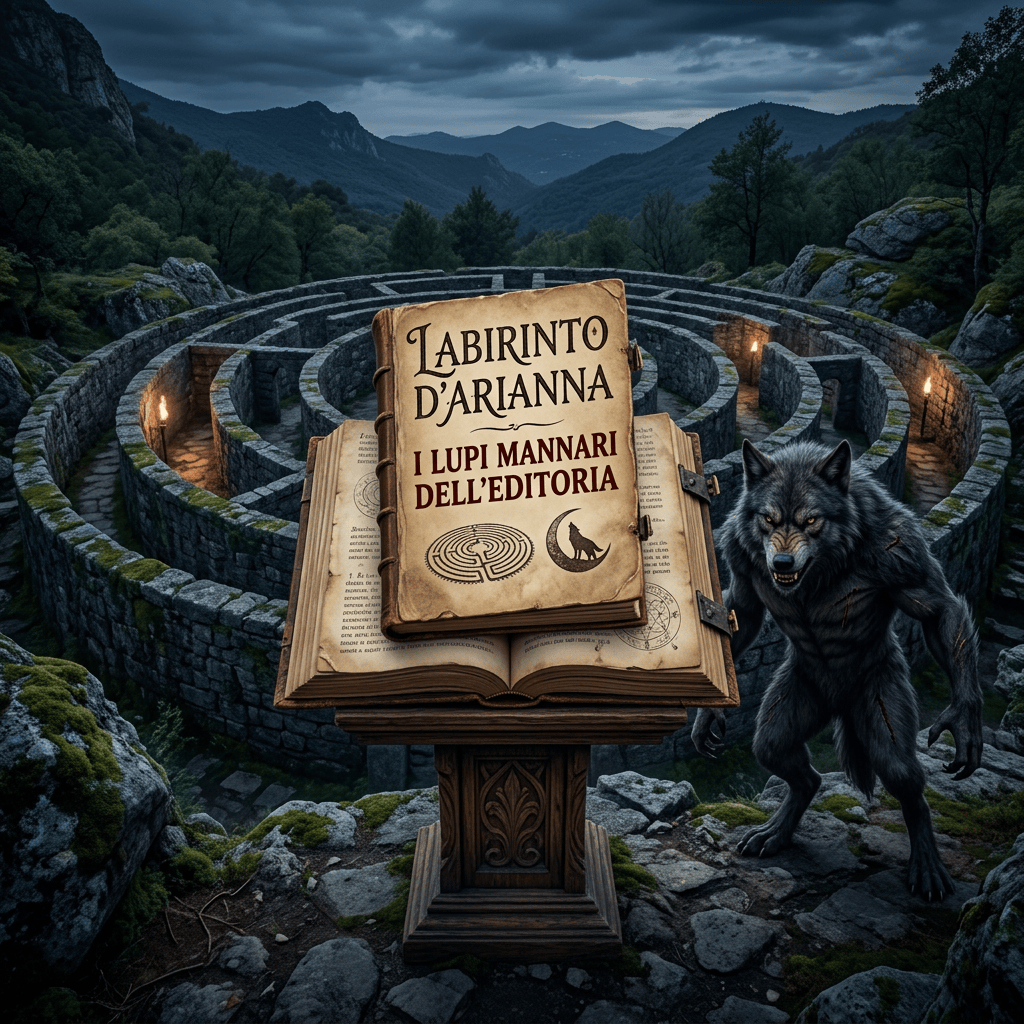 Book cover reading “Labirinto d’Arianna: I lupi mannari dell’editoria” beside a werewolf